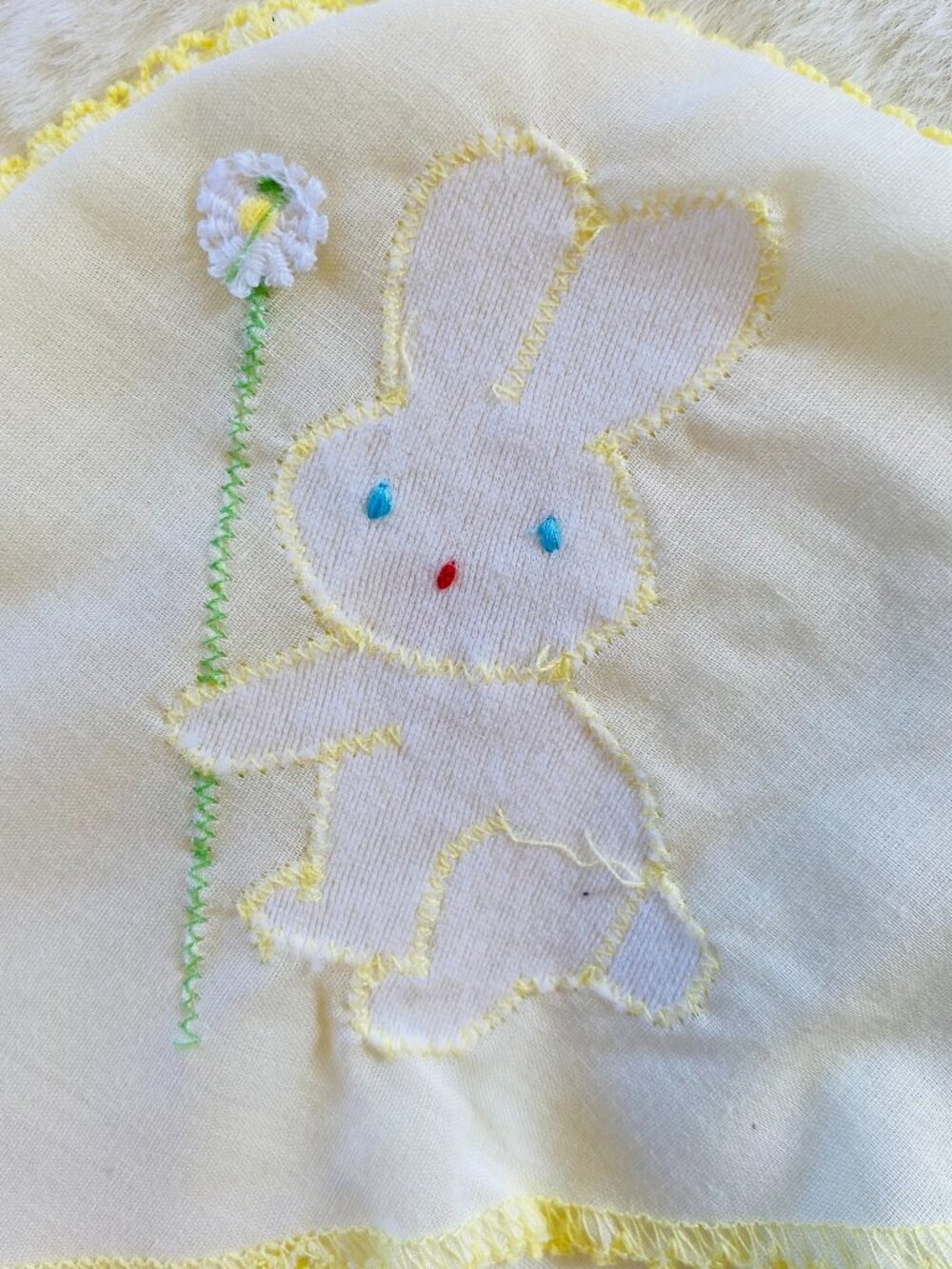 Vintage Hooded Receiving Blanket White Bunny with Flower Embroidery 1970s Cotton